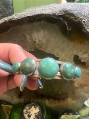 Turquoise Stone Silver Cuff Bracelet - Blue-Green Jewelry
